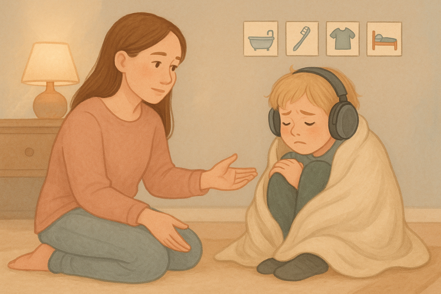 Mother gently comforting autistic child during sensory overload in a softly lit room, with the child wearing headphones and wrapped in a blanket, supported by a visual routine on the wall.